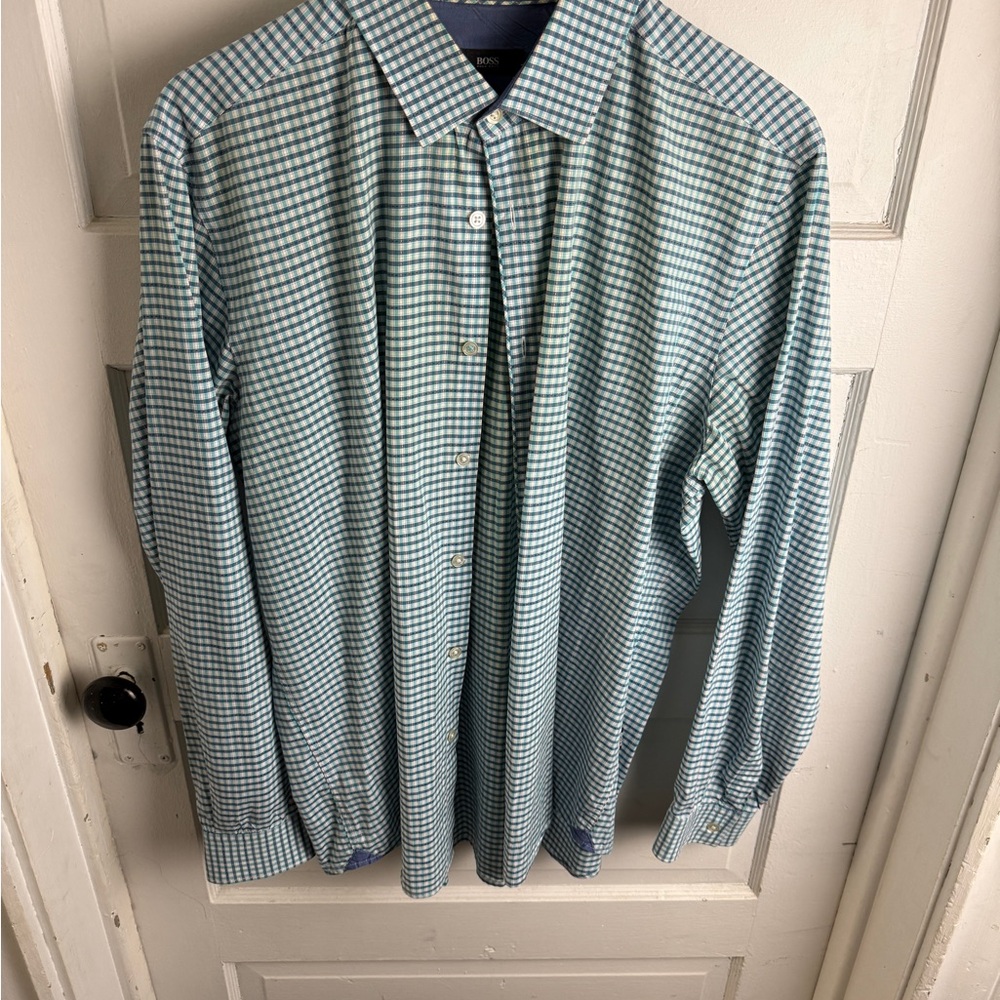 Hugo Boss Green and White Checkered Shirt